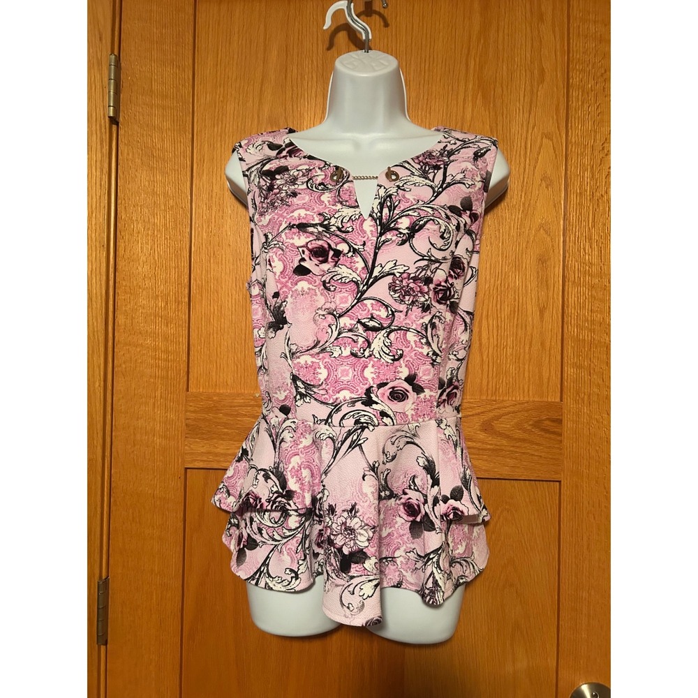 Thalia Sodi Pink Black Floral Women's Peplum Top Sleeveless Chain V-Neck Large